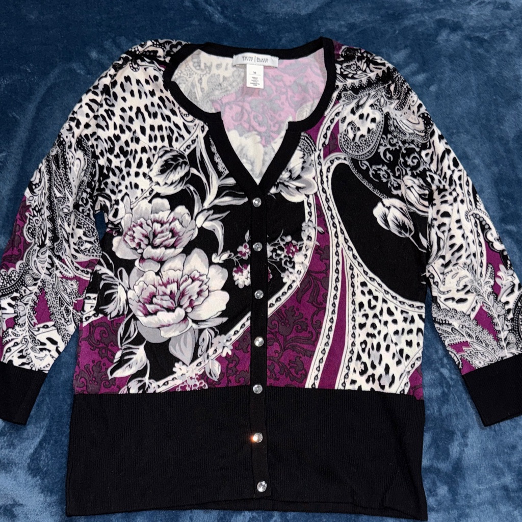 White House Black Market Black And Purple Patterned Cardigan